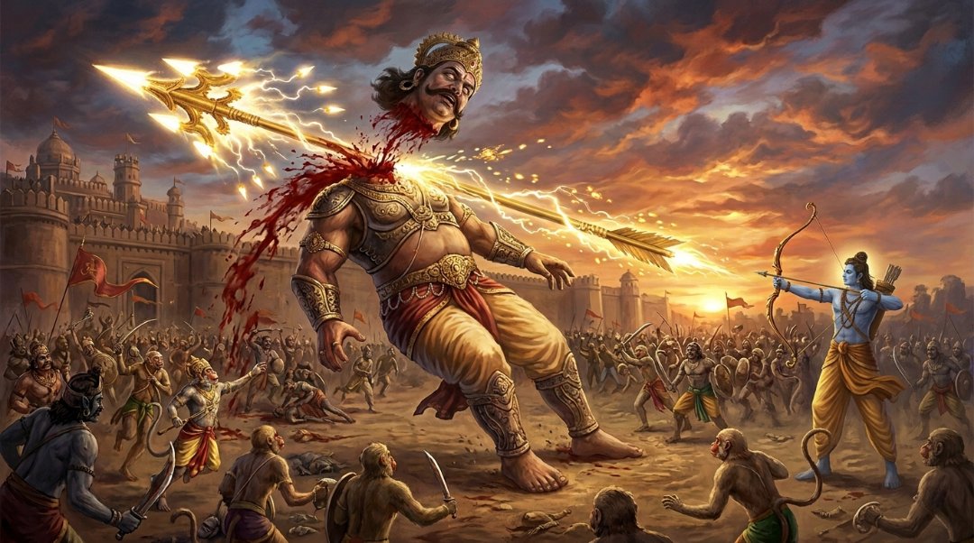 Lord Rama striking down the giant Kumbhakarna during the Lanka war.
