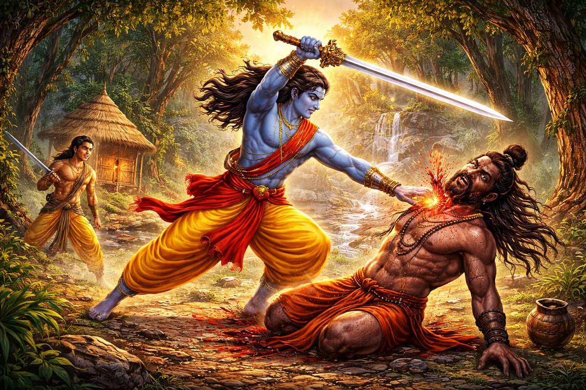 Illustration of Rama took up his sword and struck down Shambuk