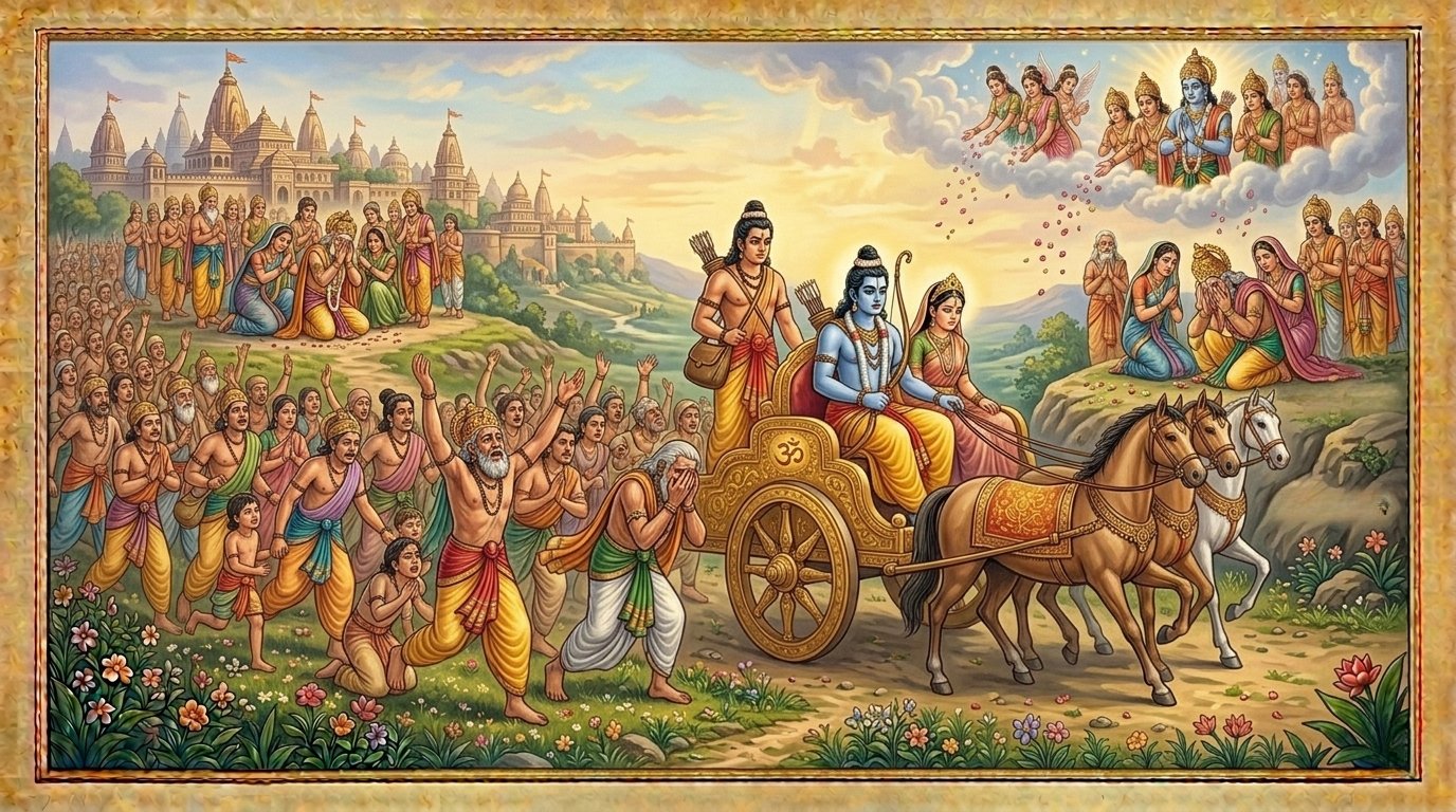 Illustration of Rama leaving Ayodhya with Sita and Lakshmana for forest exile