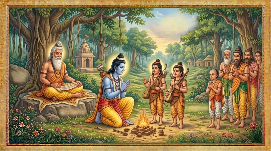 Illustration of Rama meeting Luv and Kush Ramayana story for kids