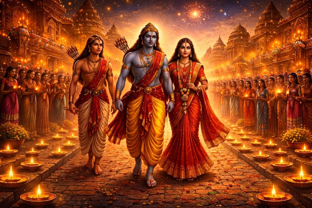 Illustration of Rama returning to Ayodhya Diwali celebration with lamps