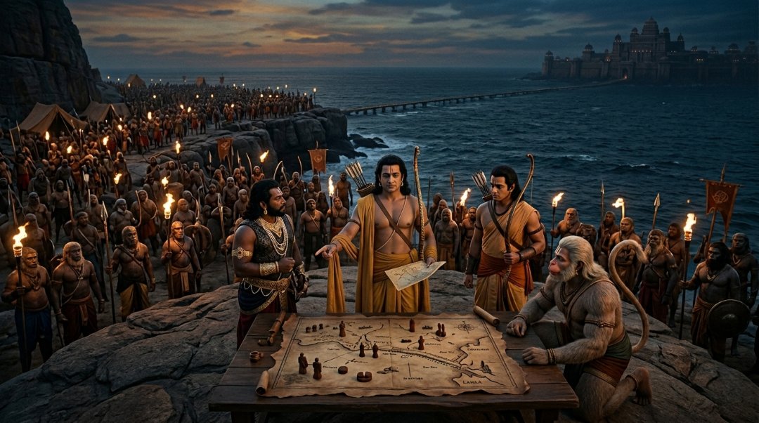 Lord Rama planning war strategy with Hanuman, Sugreeva and vanara army before battle with Ravana in Ramayana