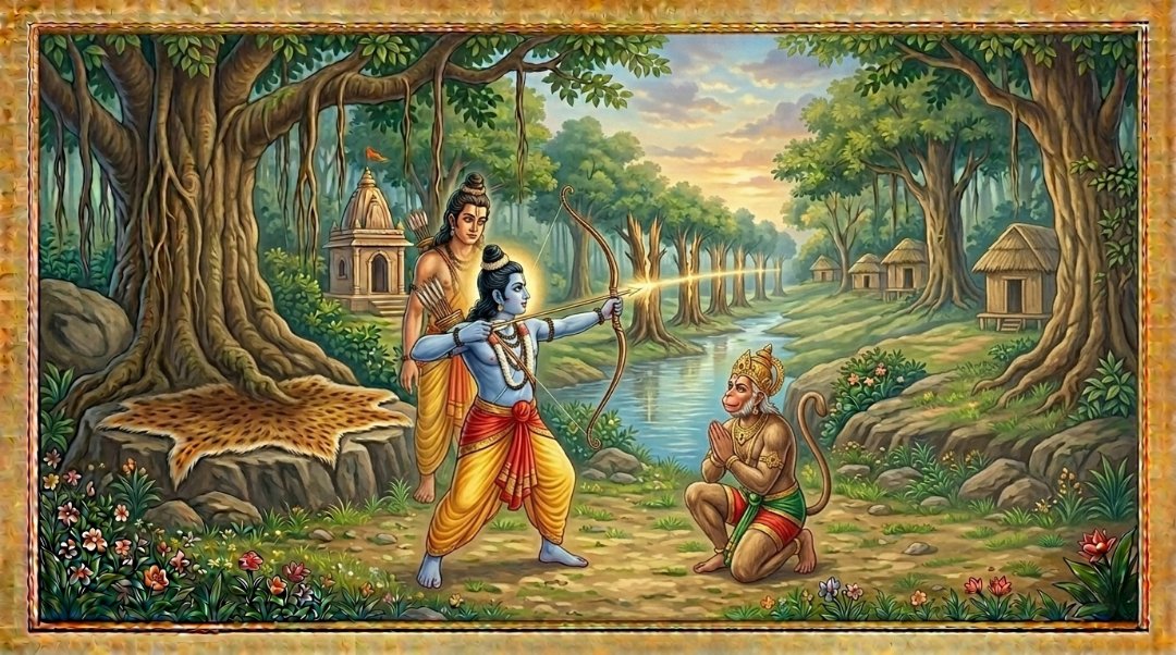 Illustration of Lord Rama split seven trees with his powerful arrow to prove his strength before Sugreeva