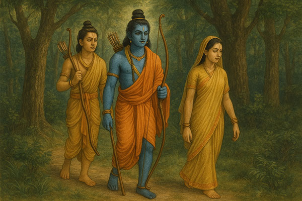 Story from Ramayana - Lord Rama,Sita and Lakshmana, walking through a forest