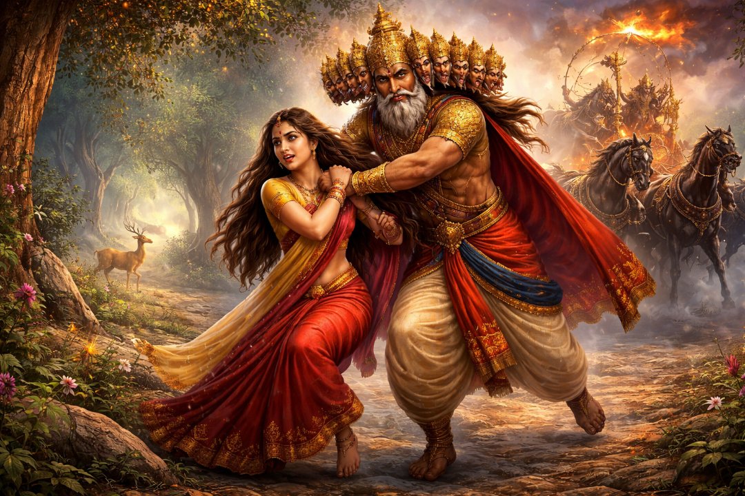 Ravana abduct Sita and forcibly drags Sita away and transports her to his flying chariot, heading to Lanka 
