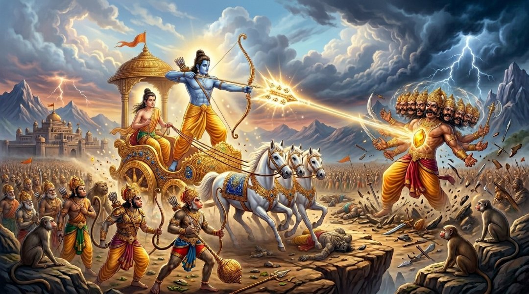 Lord Rama aiming Brahmastra at Ravana during the final battle in Ramayana