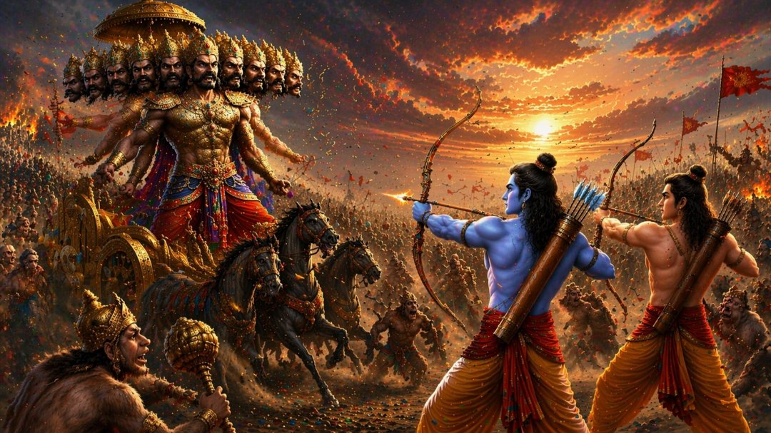 Ravana, the mighty king of Lanka, unleashes his fury as he confronts Lord Rama in the great Ramayana war