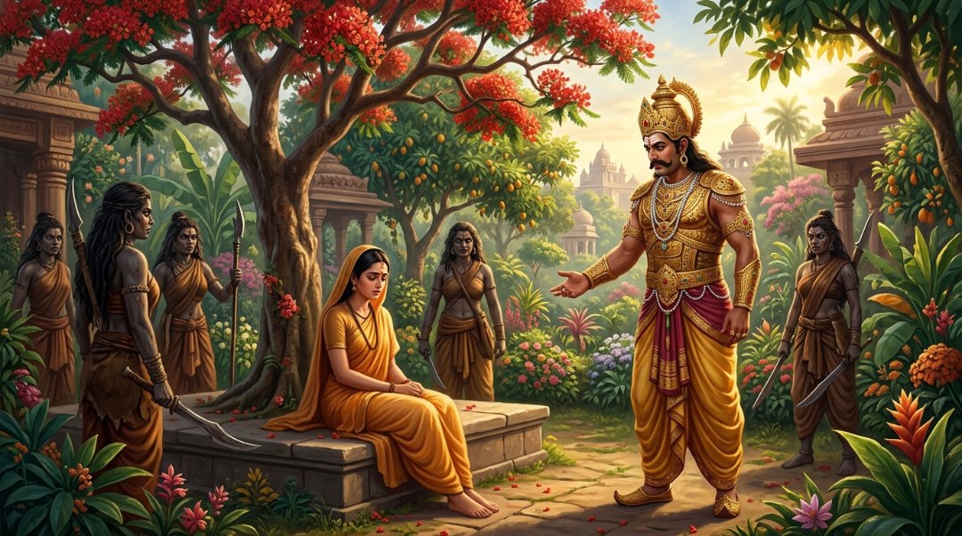 Ravana visits Sita surrounded by rakshasis in Ashoka Vatika