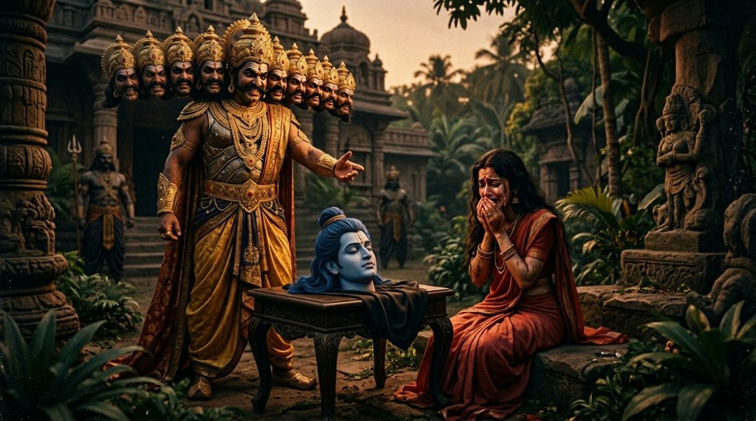Ravana trying to deceive Sita with a false image of Rama’s head in Lanka.