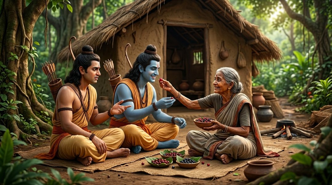 Shabri lovingly offering tasted berries to Lord Rama in her forest hut.