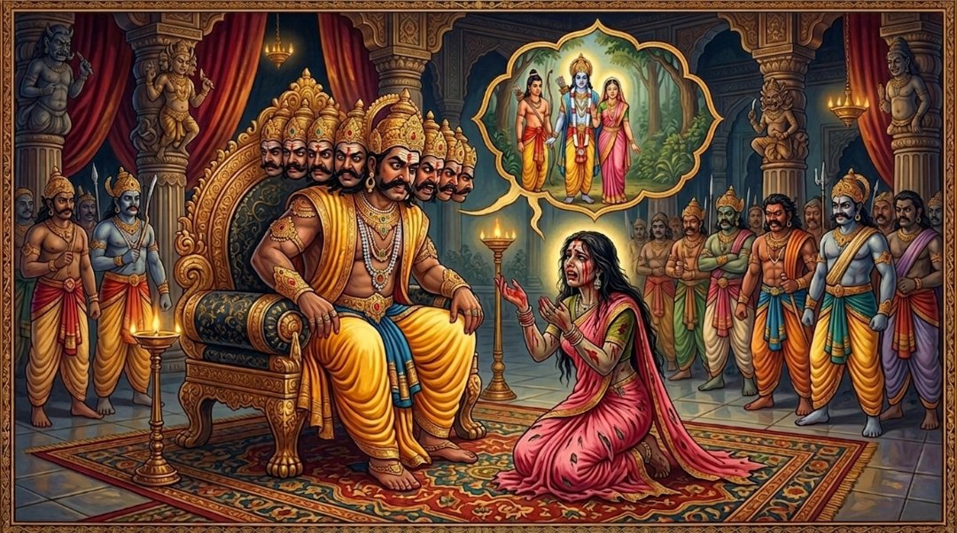 Shurpanakha narrating her humiliation to Ravana in Lanka's royal court.