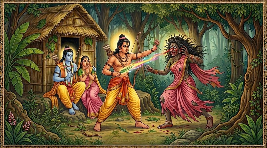 Lakshmana cutting Shurpanakha's nose after she attacks Sita in the forest.