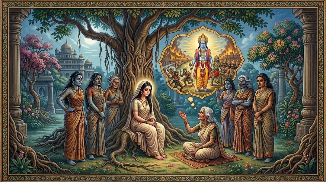 Sita sitting under a tree in Ashoka Vatika surrounded by rakshasis as Trijata shares her dream.
