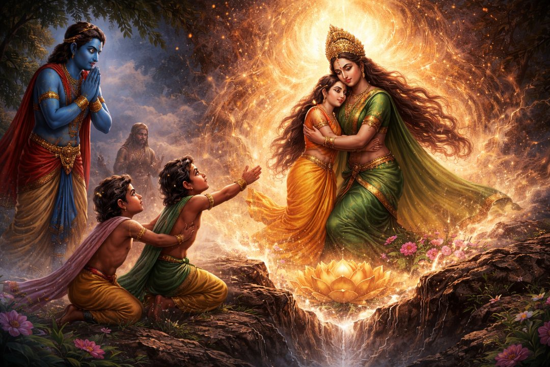 Mother Earth emerging to take Sita back as Lava, Kusha, and Rama look on