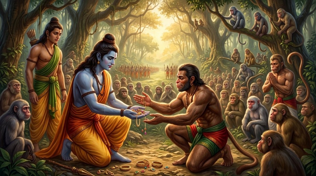 Sugreeva and Hanuman meeting Lord Rama and Lakshmana in forest forming alliance in Ramayana