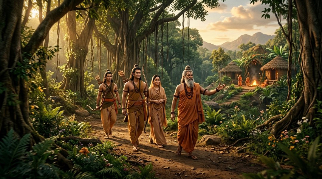 Suteekshana welcoming Rama, Sita, and Lakshmana in the Dandaka forest
