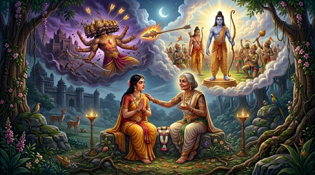 Trijata describing prophetic dream to Sita in Ashoka grove with visions of Ravana's downfall and Rama's victory