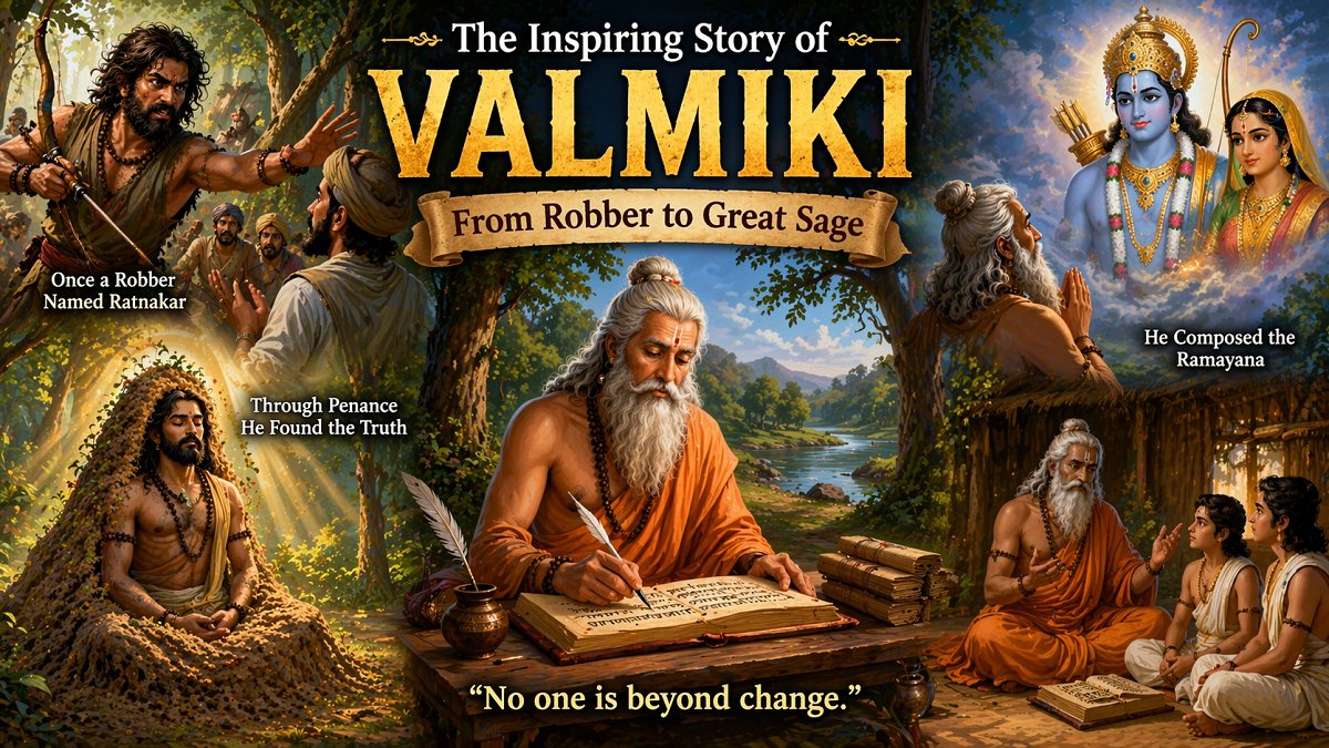 Sage Valmiki writing Ramayana in forest Indian mythology illustration
