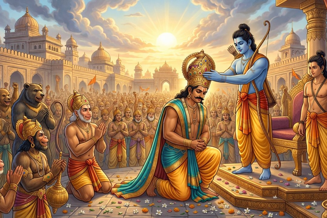 Vibhishana coronation scene with Lord Rama, Lakshmana, and Hanuman in Lanka palace