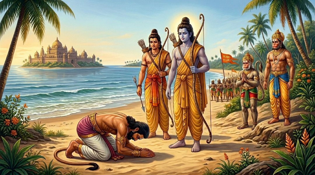 Vibhishana leaves Lanka and surrenders to Lord Rama, choosing righteousness over family ties.