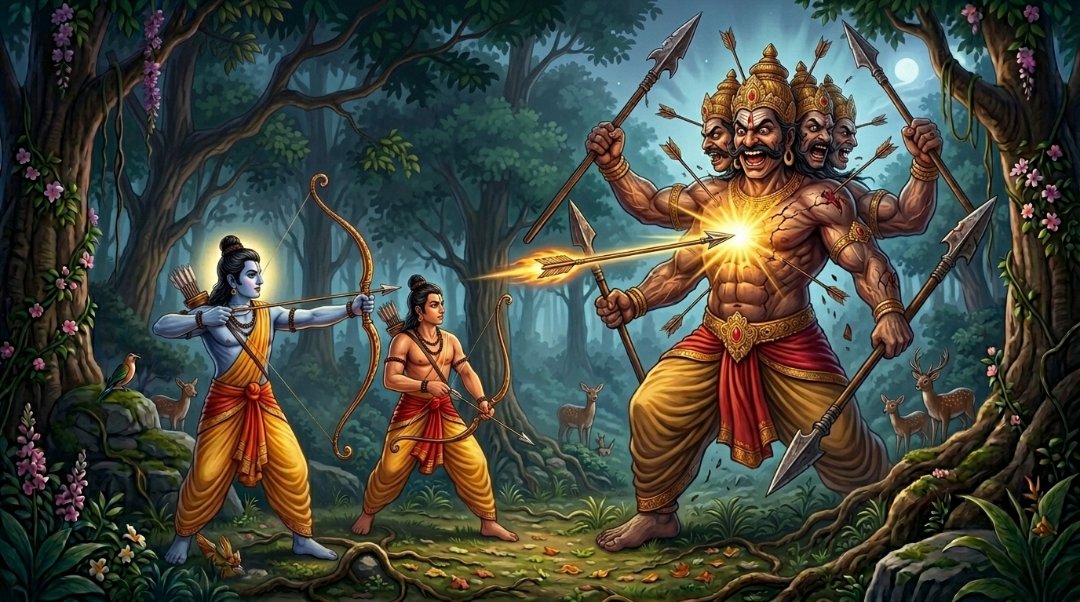 Rama and Lakshmana confront the demon Viradha in the forest, leading to his liberation from a curse.