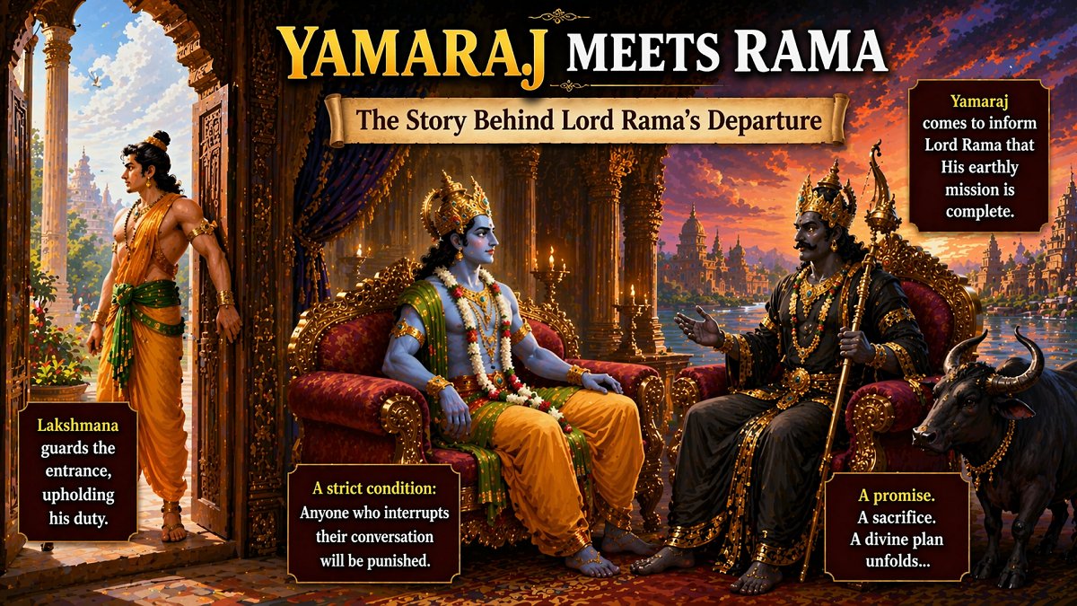Yamaraj having a private conversation with Lord Rama while Lakshmana stands guard