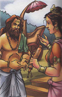 Rukmini handing her letter over to her faithful servant Sunanda