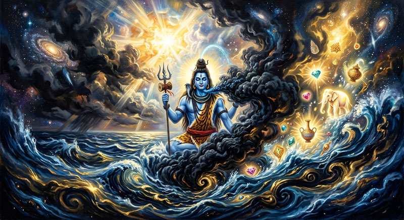 Symbolic depiction of human mind as ocean being churned in spiritual metaphor