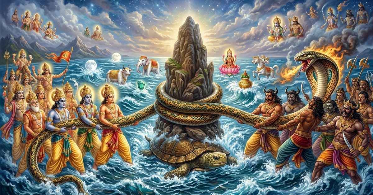 Samudra Manthan — Devas and Asuras churn the cosmic ocean with Mount Mandara and the serpent Vasuki