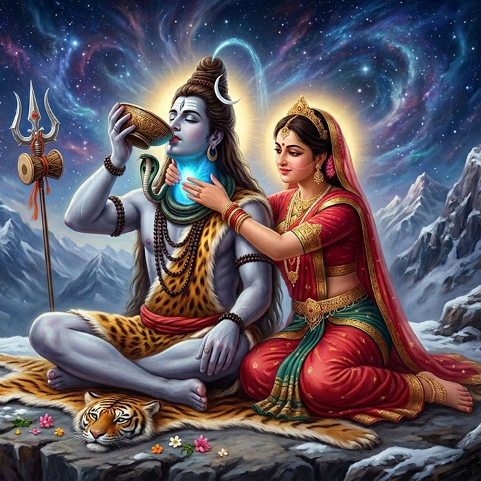 Neelkantha — Lord Shiva consumes the Halahala poison during Samudra Manthan