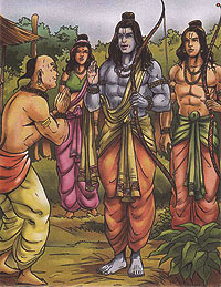 Suteekshana greeting Rama, Sita, Laxmana 