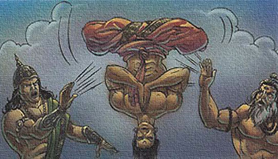 Trishanku hanging upside down in his heaven