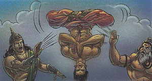 Trishanku hanging upside down in his heaven