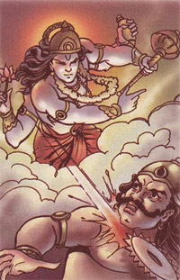 Vishnu killing the domon with his Surdarshan Chakra