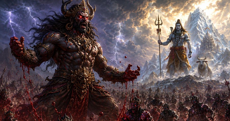 Andhakasura, the demon of darkness, facing Lord Shiva in an epic battle.