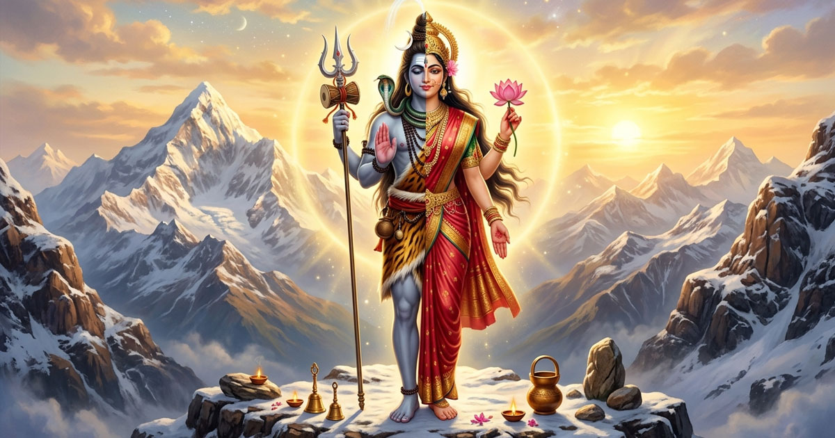 Ardhanarishvara, the divine half man and half woman form of Lord Shiva, symbolizing the union of Shiva and Shakti in Hindu mythology
