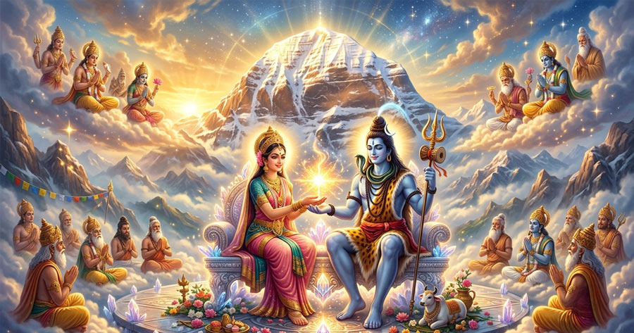 Divine spark emerging from Shiva and Parvati at Mount Kailash before Kartikeya's birth