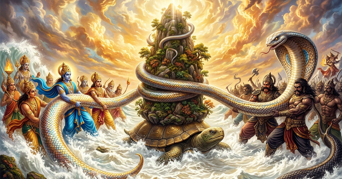 Samudra Manthan as Devas and Asuras churn the Ocean of Milk