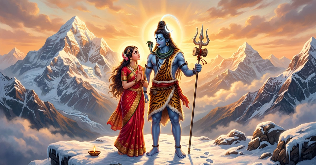 Goddess Sati standing beside Lord Shiva on Mount Kailash, showing her unwavering love and devotion in the Shiva Purana.