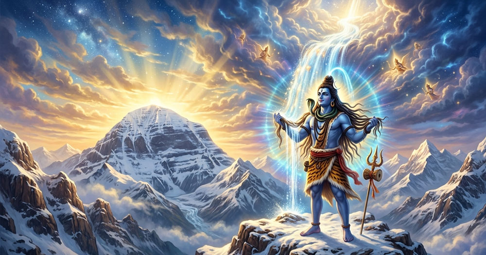 Lord Shiva catching the heavenly River Ganga in his matted hair