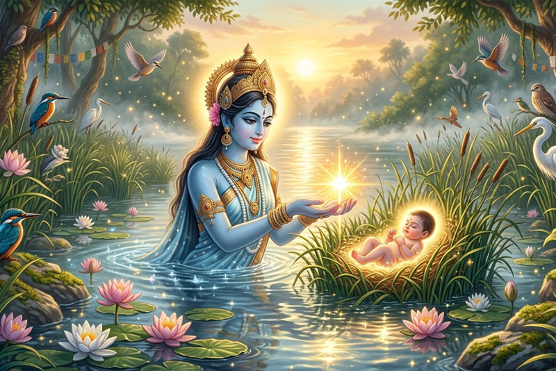 Goddess Ganga placing the divine spark in the Saravana reeds