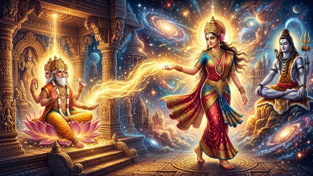 Goddess Shakti steps from Ardhanarishvara and blesses Brahma with divine energy, enabling creation to flourish according to the Shiva Purana.