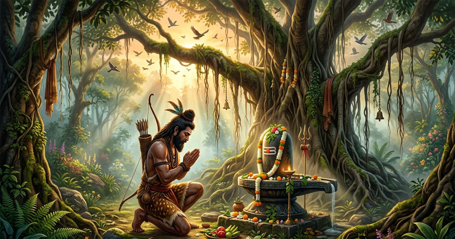 Kannappa the forest hunter worshipping an ancient Shiva Lingam in the forest