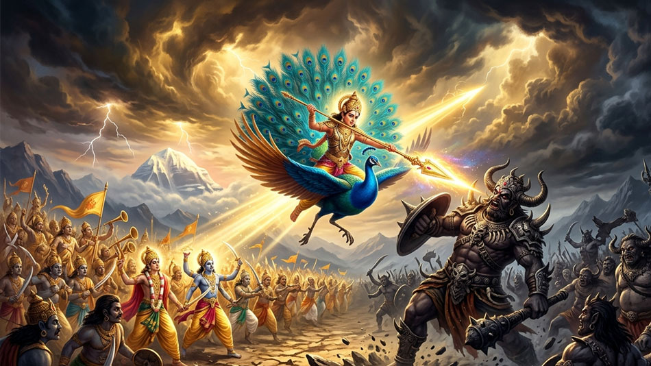 Lord Kartikeya defeating the demon Tarakasura with the Vel spear