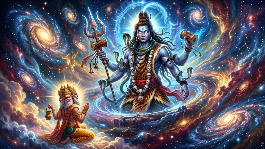 Lord Shiva appears in his majestic Rudra form as Brahma realizes his divine role in preserving balance through transformation.
