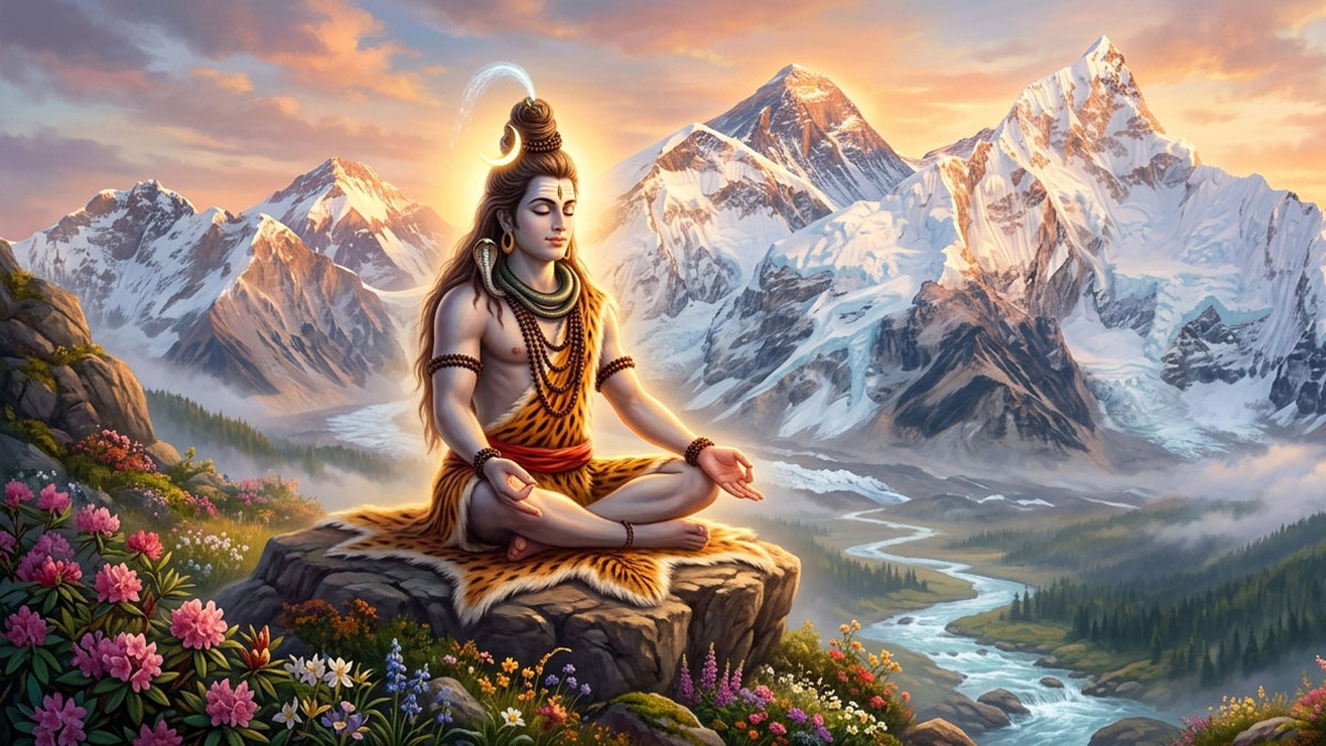 Lord Shiva stories illustration featuring Lord Shiva in deep meditation on a snow-covered Himalayan peak at sunrise with a glowing aura and flowing river