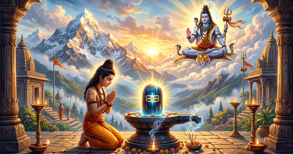 Young sage Markandeya praying to Lord Shiva before a sacred Shiva Lingam