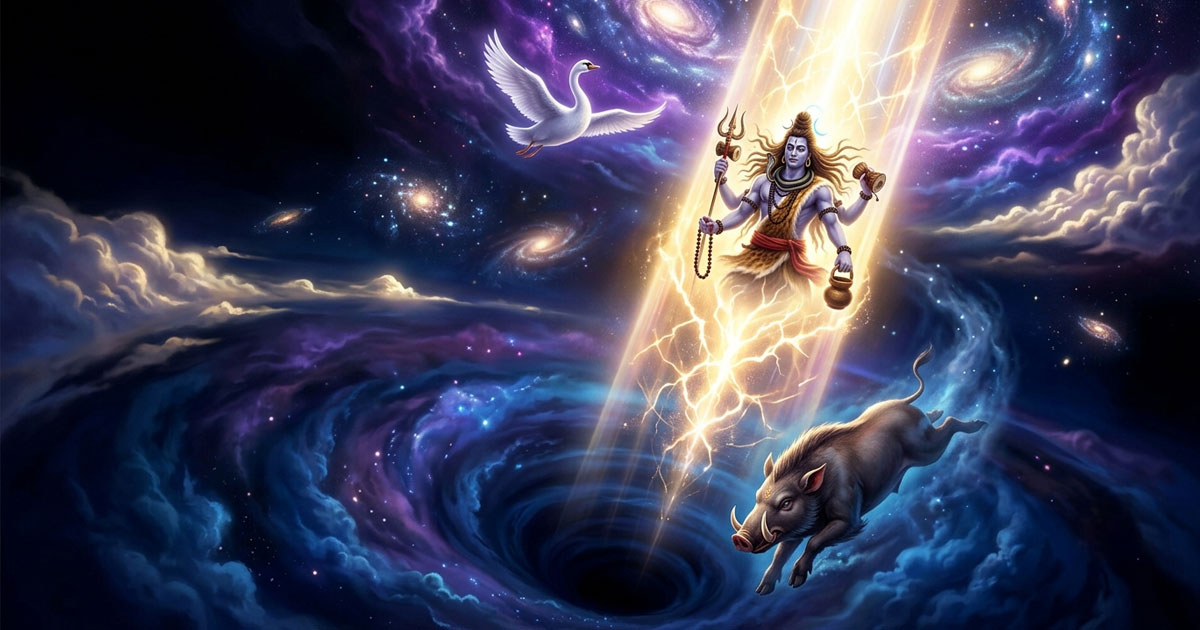 Lord Shiva emerges from the endless pillar of light as Brahma and Vishnu search for its beginning and end in the Shiva Purana.