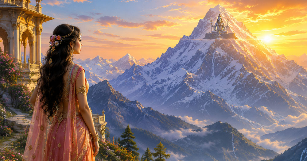 Young Parvati gazing toward Mount Kailash where Lord Shiva meditates in the Himalayas.