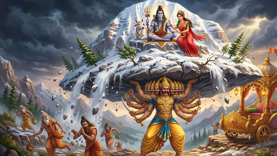 Ravana trying to lift Mount Kailash with all twenty arms